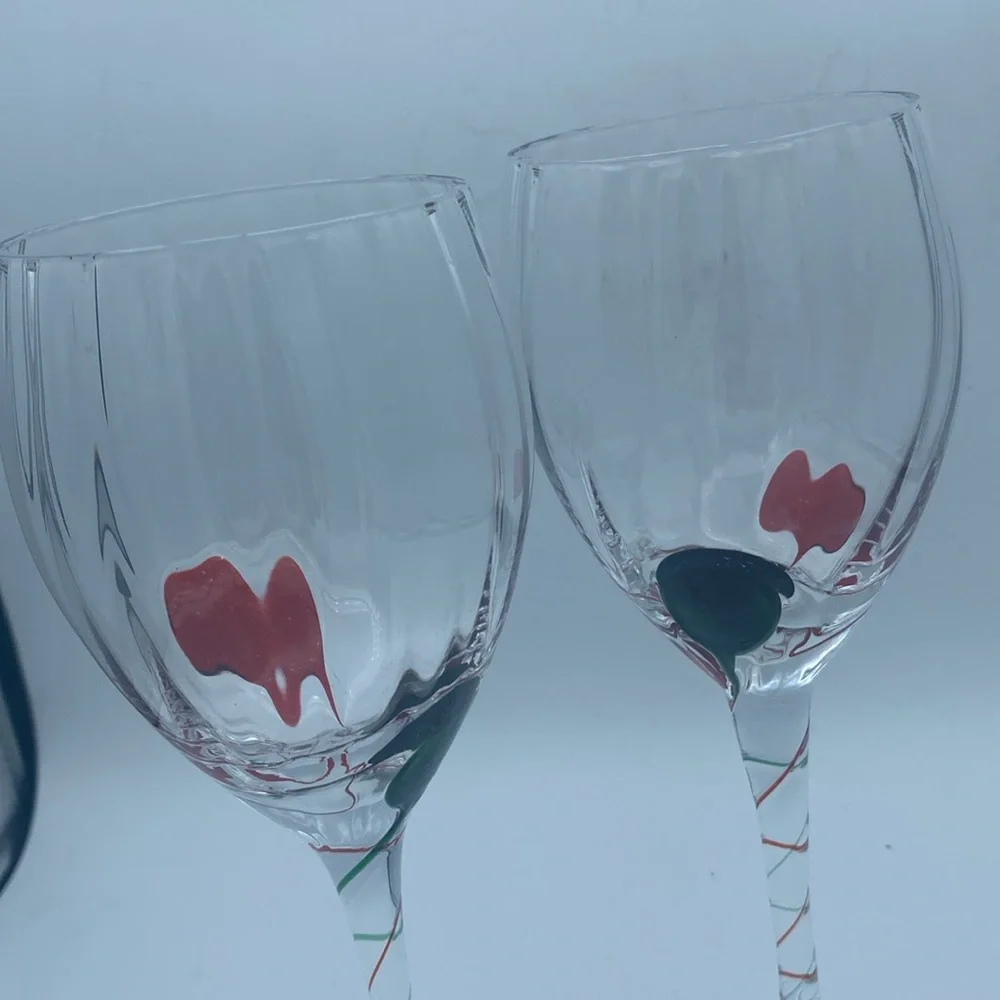 Pier 1 one swirled 9” wine glasses w/ green red teardrop design and swirled stem
